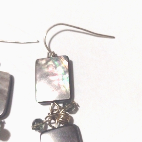 VINTAGE ABALONE SHELL AND TINY BEADED DROP DANGLE HOOK 3" EARRINGS - Picture 7 of 9